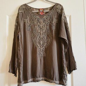 Johny Was Womens Taupe Embroidered Tunic Top Shirt Size L READ